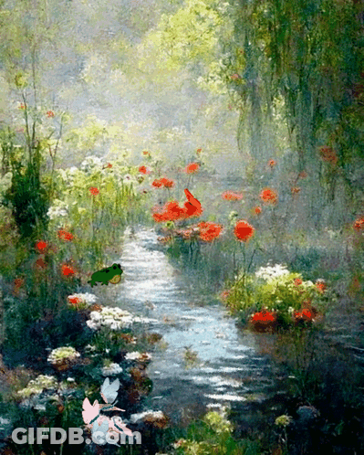 A Painting Of A River With Flowers And Butterflies GIF
