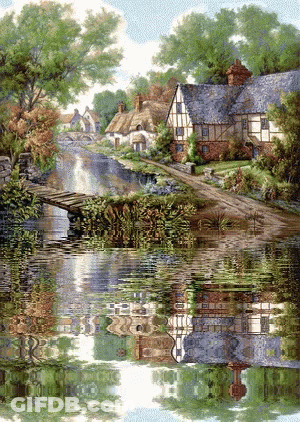 A Painting Of A River With Houses And Trees Reflected In The Water GIF