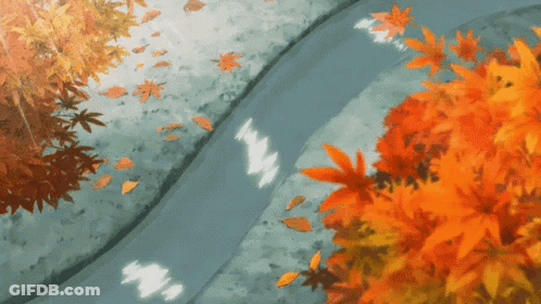 A Painting Of A River With Leaves Falling On The Side GIF