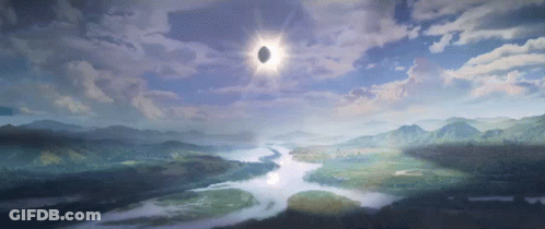 A Painting Of A River With Mountains In The Background And The Sun Shining Through The Clouds GIF
