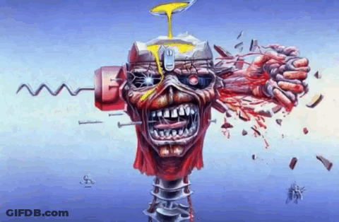 A Painting Of A Robotic Head With A Screw In Its Eye GIF