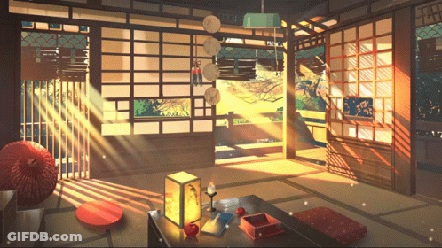 A Painting Of A Room With A Table And A Lamp GIF