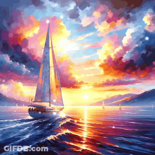 A Painting Of A Sailboat In The Ocean With A Sunset In The Background GIF