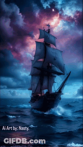 A Painting Of A Sailing Ship In The Ocean With The Caption Ai Art By Nasty GIF