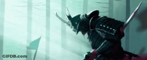 A Painting Of A Samurai Holding A Sword In The Woods GIF
