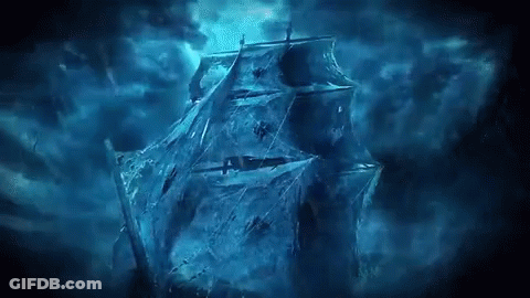 A Painting Of A Ship Covered In Spider Webs In The Dark GIF