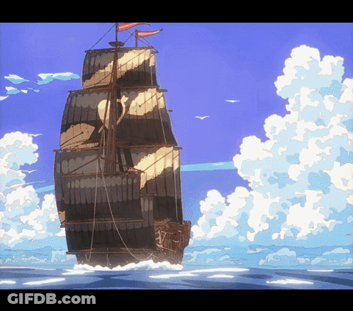 A Painting Of A Ship In The Ocean With Clouds Behind It GIF