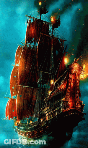 A Painting Of A Ship With Red Sails In The Ocean GIF