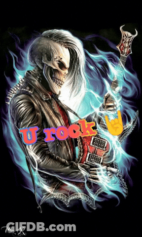 A Painting Of A Skeleton Holding A Guitar With The Word U Rock Written On It GIF