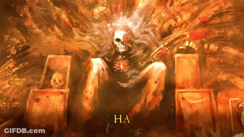 A Painting Of A Skeleton Sitting On A Throne With The Word Ha Underneath It GIF