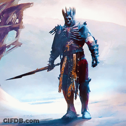A Painting Of A Skeleton With A Crown And A Sword GIF