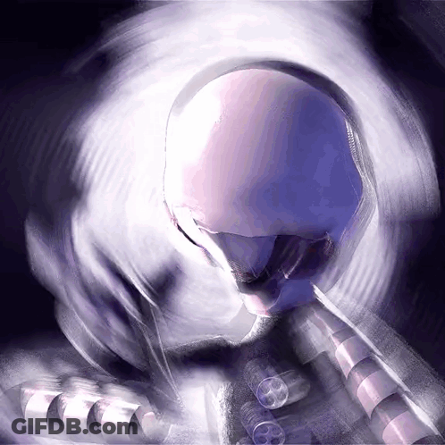 A Painting Of A Skeleton With A White Head And A Purple Background GIF