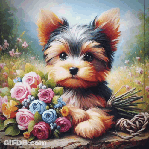 A Painting Of A Small Dog Holding A Bunch Of Flowers GIF