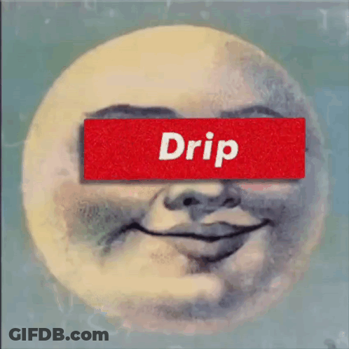 A Painting Of A Smiling Moon With A Red Drip Label On It GIF