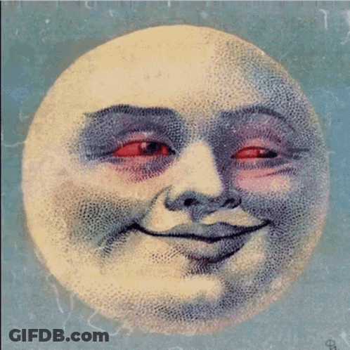 A Painting Of A Smiling Moon With Red Eyes And The Letter B On The Bottom GIF