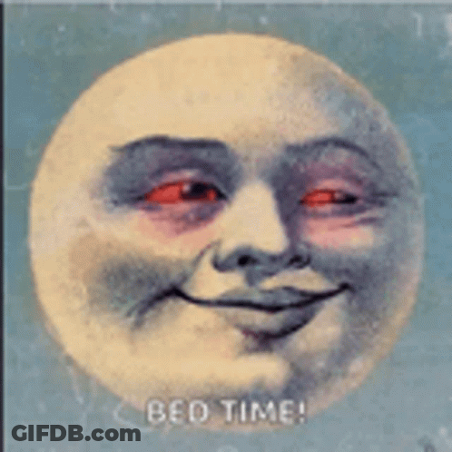 A Painting Of A Smiling Moon With Red Eyes And The Words Bed Time Written Below It GIF