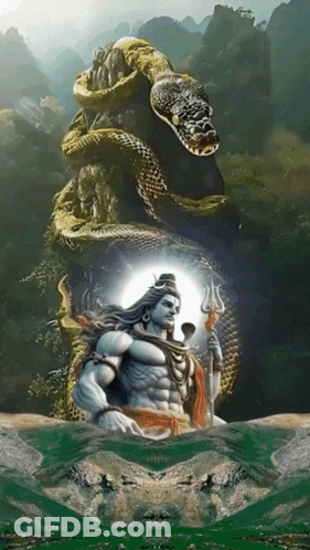 A Painting Of A Snake Surrounding A Statue Of Shiva GIF