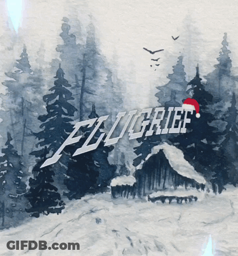 A Painting Of A Snowy Forest With A Santa Hat And The Words " Flitiger " GIF