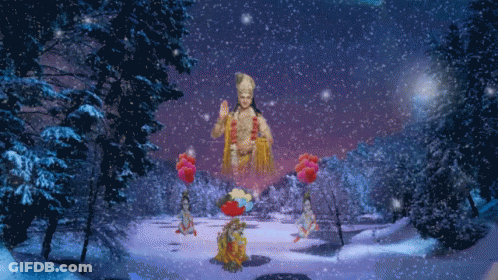 A Painting Of A Snowy Forest With A Statue Of A Deity In The Background GIF