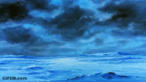 A Painting Of A Snowy Landscape With A Cloudy Sky In The Background GIF