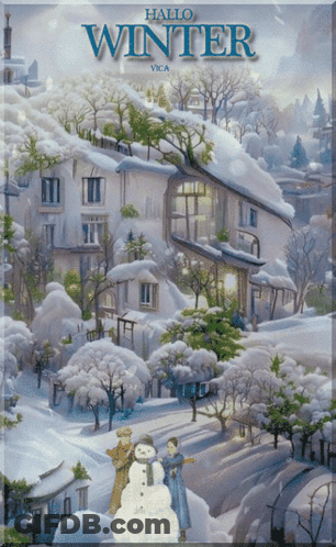 A Painting Of A Snowy Village With The Words Hallo Winter On The Bottom GIF