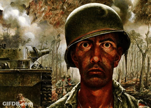 A Painting Of A Soldier In A Helmet With A Tank In The Background GIF