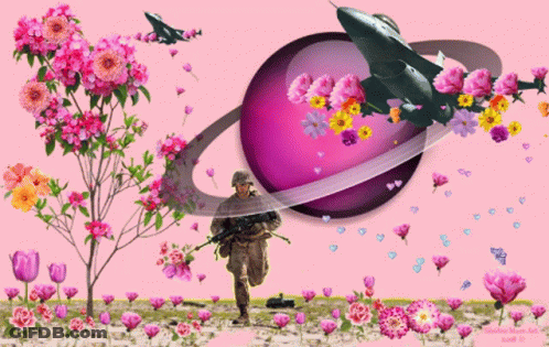 A Painting Of A Soldier Surrounded By Pink Flowers And A Purple Planet GIF