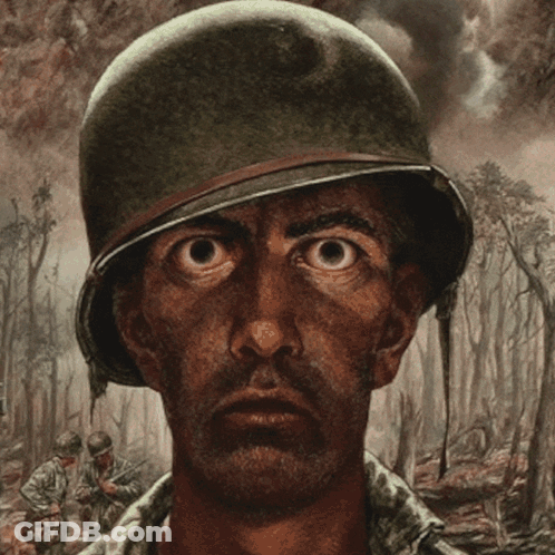 A Painting Of A Soldier Wearing A Helmet And Looking At The Camera GIF