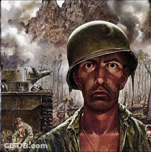 A Painting Of A Soldier Wearing A Helmet And Looking At The Camera GIF