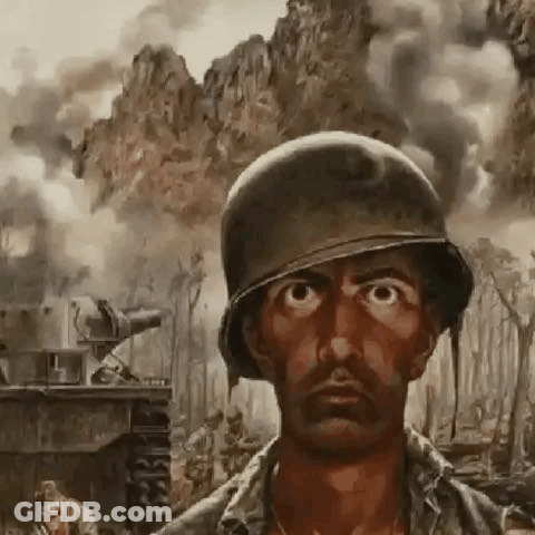 A Painting Of A Soldier Wearing A Helmet In A Battle Scene . GIF
