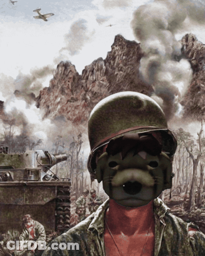 A Painting Of A Soldier With A Cat Mask On GIF