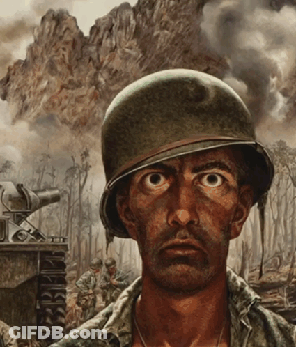 A Painting Of A Soldier With A Helmet On His Head GIF