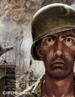 A Painting Of A Soldier With A Helmet On His Head GIF