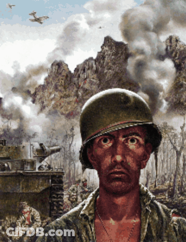 A Painting Of A Soldier With A Helmet That Says Us Army On It GIF