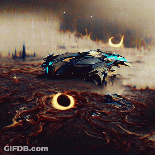 A Painting Of A Space Ship With Two Black Holes In The Middle GIF