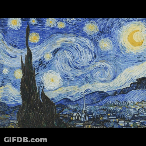 A Painting Of A Starry Night Sky With A Church And Trees In The Foreground GIF