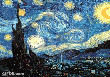 A Painting Of A Starry Night Sky With A Church In The Distance GIF