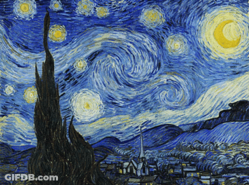 A Painting Of A Starry Night Sky With A Crescent Moon In The Middle GIF