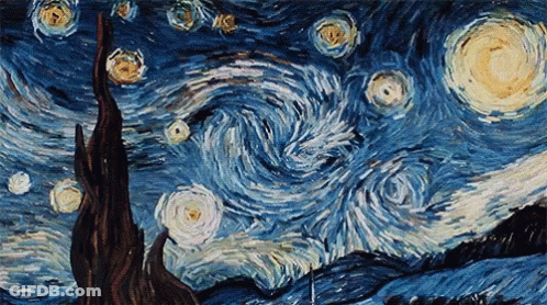 A Painting Of A Starry Night Sky With A Tree In The Middle GIF