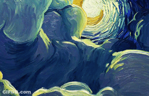 A Painting Of A Starry Night Sky With Clouds And A Full Moon GIF