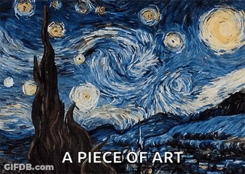 A Painting Of A Starry Night Sky With The Words A Piece Of Art Above It GIF
