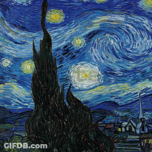 A Painting Of A Starry Night Sky With Trees In The Foreground And A Church In The Background GIF