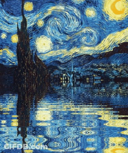A Painting Of A Starry Night With A Church In The Background GIF