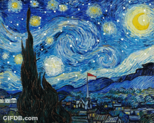 A Painting Of A Starry Night With A Flag On A Pole In The Foreground GIF