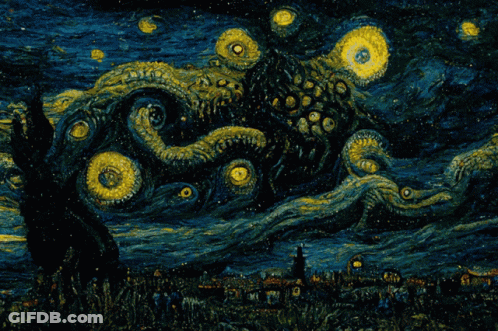 A Painting Of A Starry Night With A Giant Octopus GIF