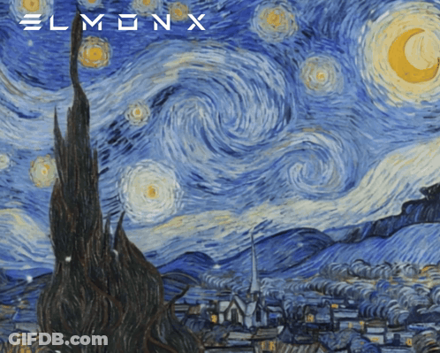 A Painting Of A Starry Night With Elmon X Written In White GIF