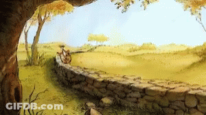 A Painting Of A Stone Wall In A Field With Trees In The Background GIF