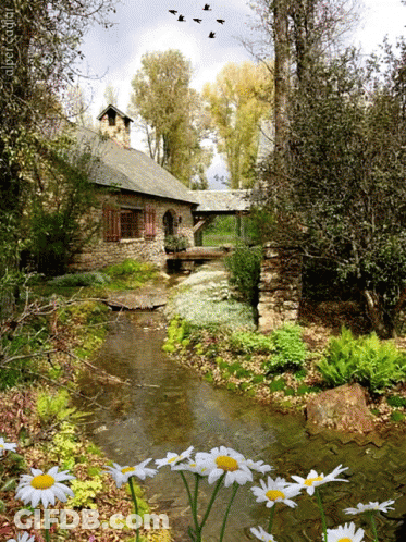 A Painting Of A Stream Running Through A Lush Green Forest GIF