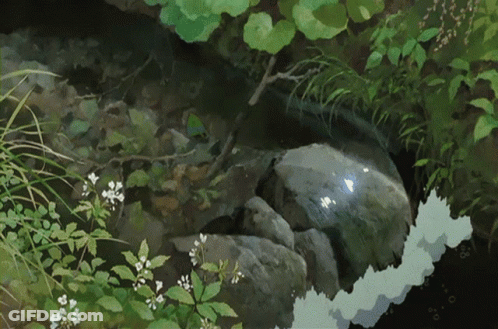 A Painting Of A Stream With Rocks And Plants GIF