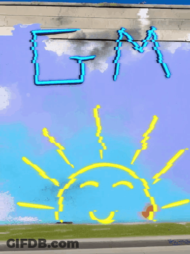 A Painting Of A Sun And The Letter E On A Wall GIF